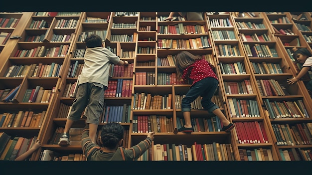 Photo kids climbing a library shelf to reach a book at the top