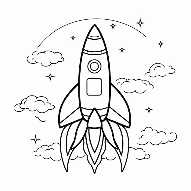 어린이 색칠 공부 책 우주 흑백 간단한 라인 아트에 귀여운 로켓 우주선