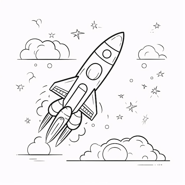 Kids coloring book cute rocket ship space ship on space black and white simple line art