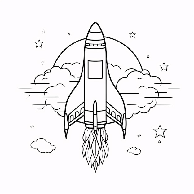 Kids coloring book cute rocket ship space ship on space black and white simple line art