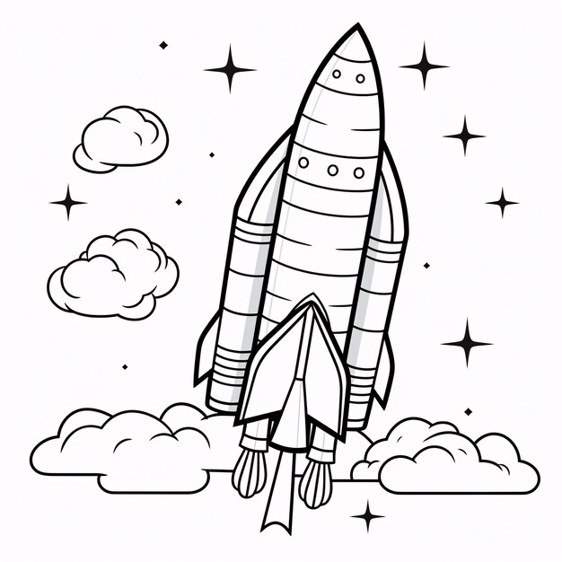 Kids coloring book cute rocket ship space ship on space black and white simple line art