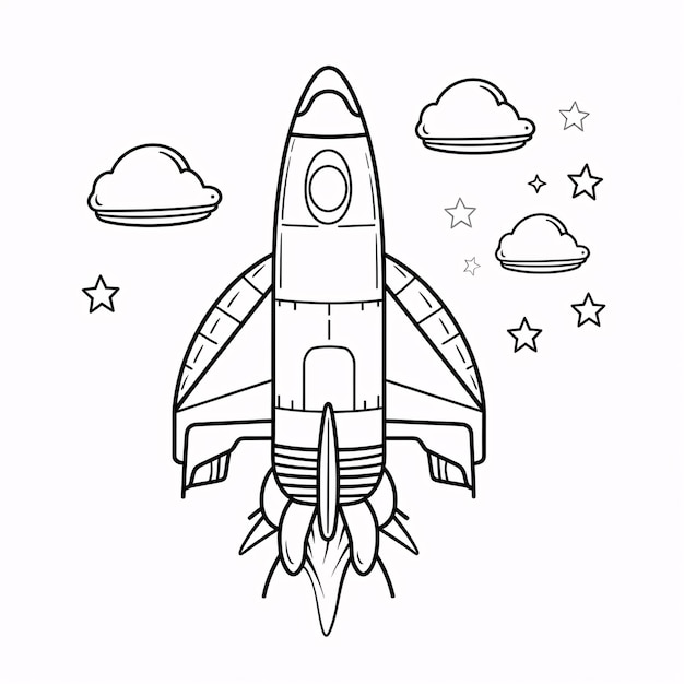 Kids coloring book cute rocket ship space ship on space black and white simple line art