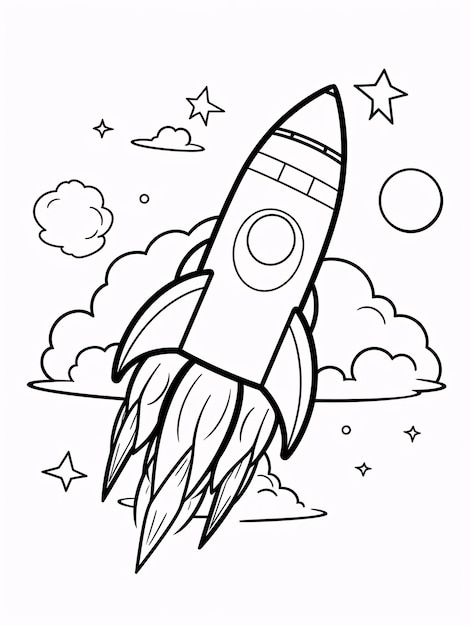 Kids coloring book cute rocket ship space ship on space black and white simple line art