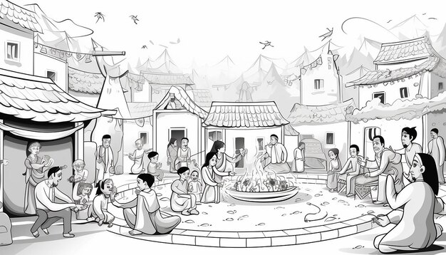 Photo kids coloring book lohri festival scene with people celebrating
