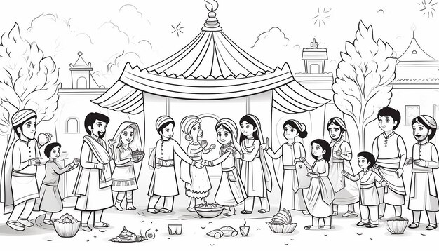 Photo kids coloring book lohri festival scene with people celebrating