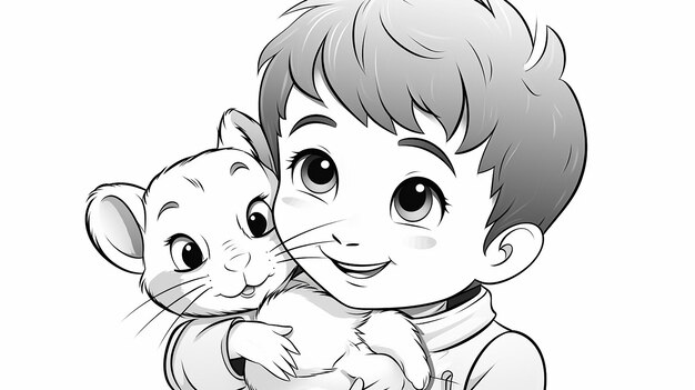 Kids Coloring Book Style Child Hugging a Smart Rat