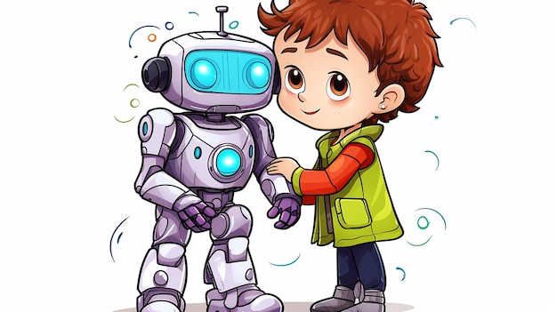 Foto bambini a colori in stile libro bambino che abbraccia un robot intelligente