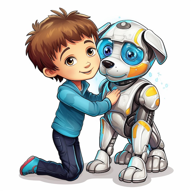 Photo kids coloring book style child hugging a smart robot