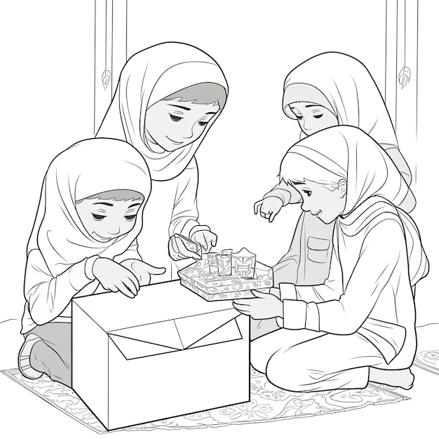 Kids coloring page muslim kids receiving 2 gift boxes