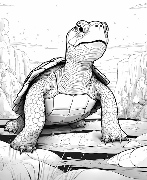 kids coloring page pet turtle cartoon style thick lines