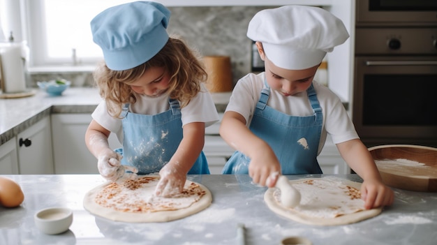 Foto bambini che cucinano la pizza avventura culinaria divertente per piccoli chef pizza creativa con facce gioiose esperienza culinaria per tutta la famiglia gustosa pizza fatta in casa in preparazione ai generativa