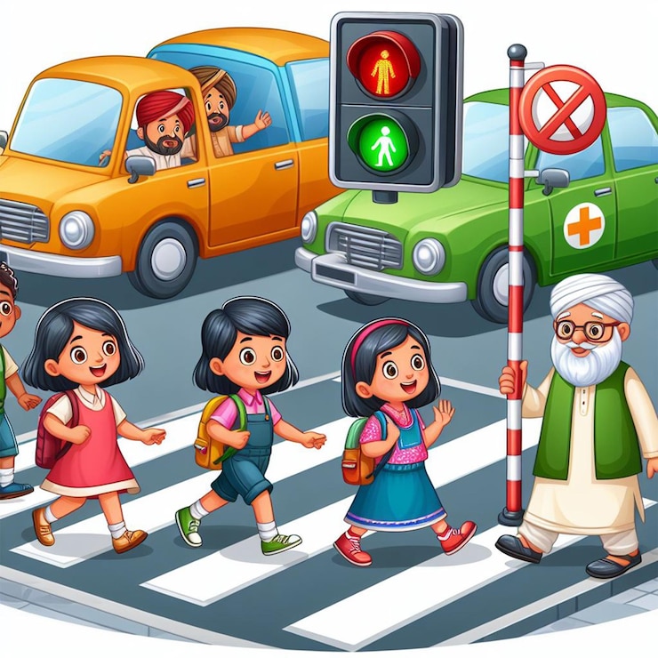 Photo kids cross the road in the traffic signal cartoon illustration for school story book ai images