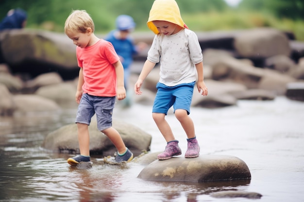 Kids crossing a shallow stream on stepping stones