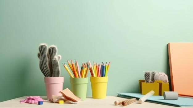 Kids desk creative workspace with school supplies cactus Illustration AI Generative