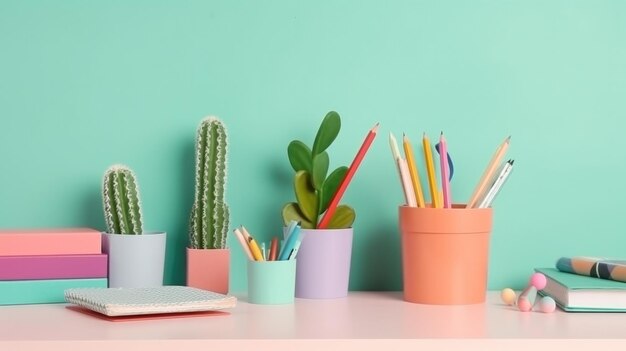 Kids desk creative workspace with school supplies cactus Illustration AI Generative