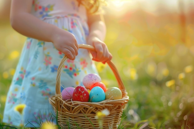 Дети охотятся на пасхальные яйца Ребёнок с красочной корзиной