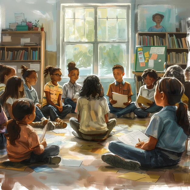 Photo kids engaged in a sunlit classroom storytelling activity