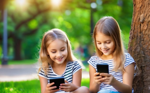 Kids Engaged with Mobile Apps in Park Children and Technology Concept Smiling Girls Browsing Socia