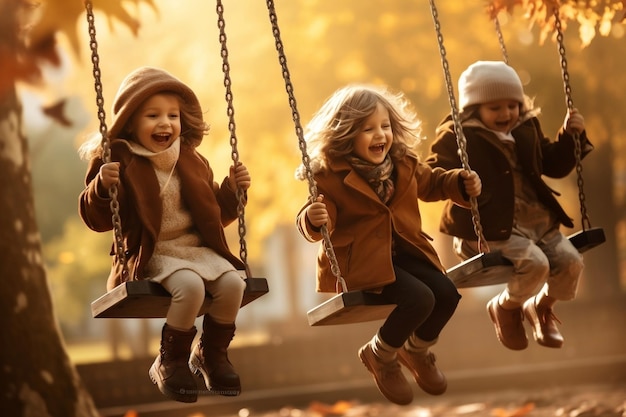 Photo kids enjoying playtime on swings in the park generative ai