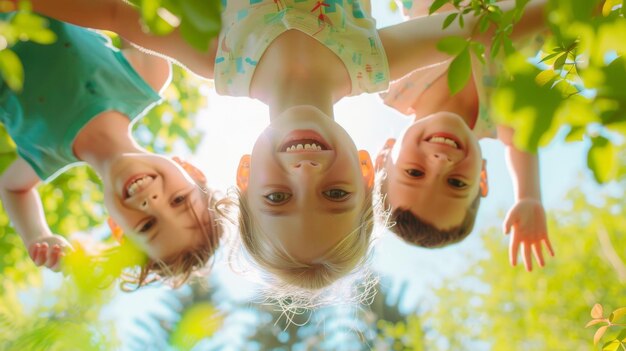 Foto bambini che si godono un parco estivo a testa in giù