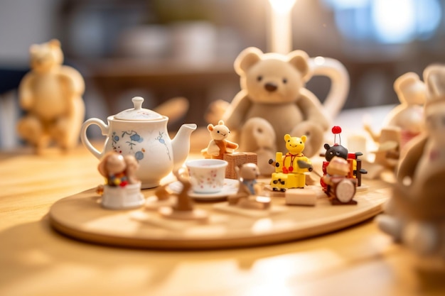 Kids enjoying a tea party with a table set with toy tea sets and treats Children's day toys