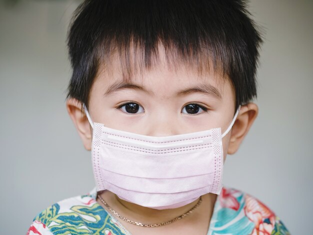 Kids in face mask. child wear facemask during coronavirus and flu outbreak. Virus and illness protection