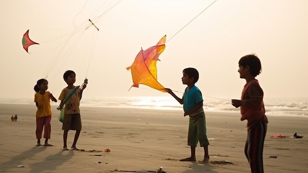 Kids flying kites front view