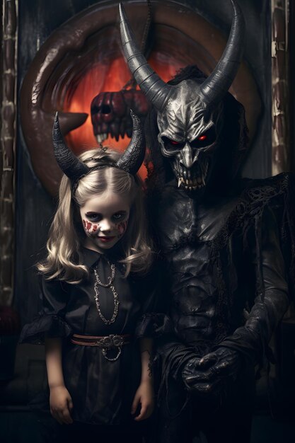 kids girl and boy with devils horns and demonic eyes wearing halloween costume
