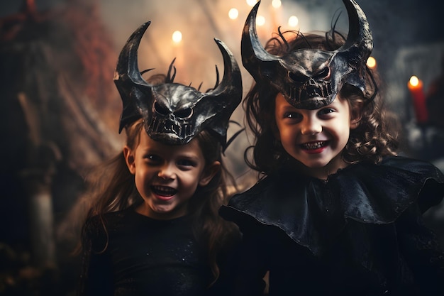 kids girl and boy with devils horns and demonic eyes wearing halloween costume