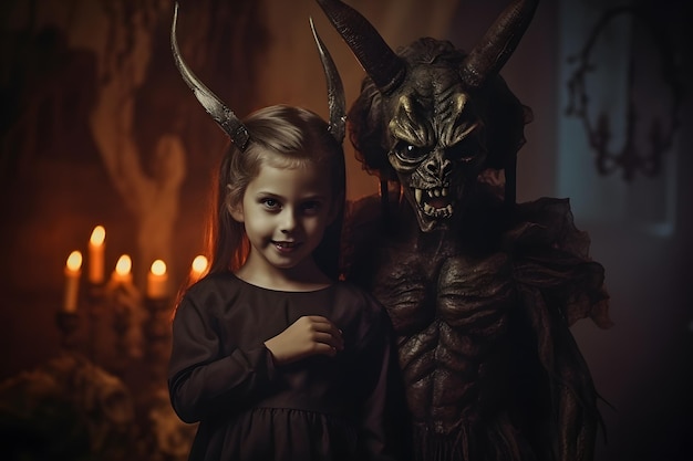 kids girl and boy with devils horns and demonic eyes wearing halloween costume