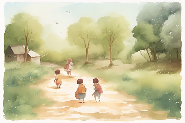 村の小川の途中で学校に行く子供たちパスストーリーブックスタイルのイラスト付き