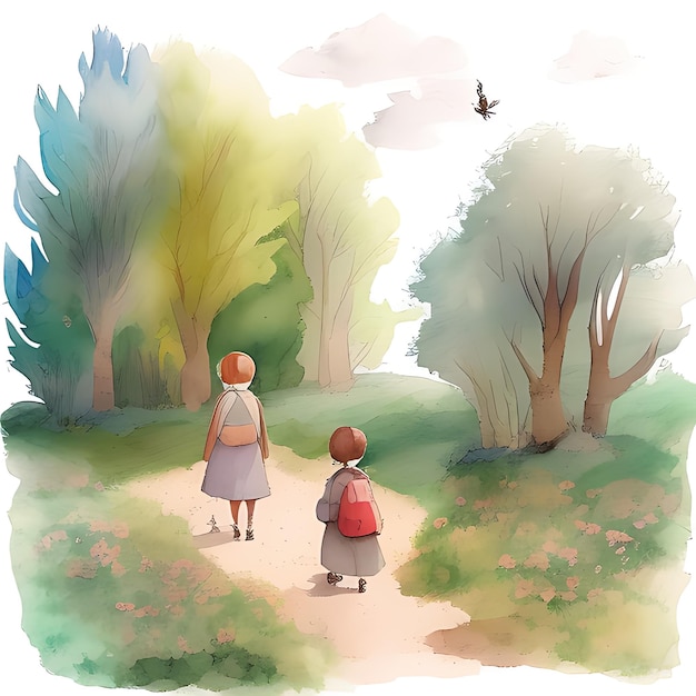 Kids Going to School on the way of Village Stream on Side with Path Story Book Style Illustration