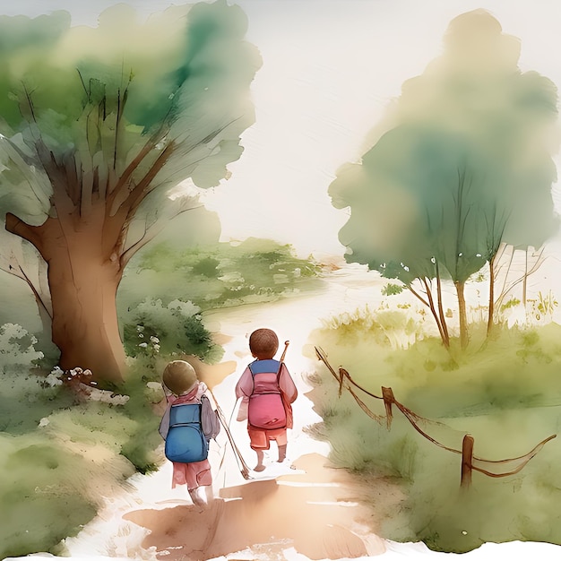 Дети идут в школу по дороге к деревенскому ручью на стороне с иллюстрацией в стиле книги "История пути"
