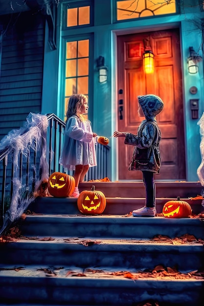 Kids' Halloween Adventure Exploring the Glowing Old House Door Generative AI