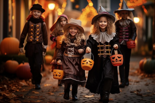 Kids in Halloween costumes going trickortreating