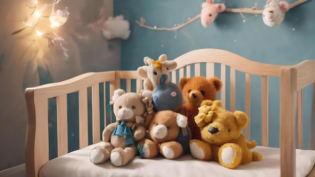 Kids handmade toys above the newborn crib