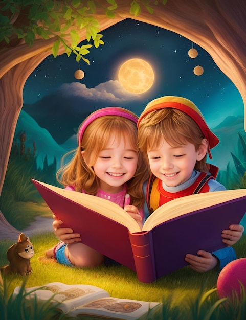 Kids Happily Reading Story Book 3D Animation by AI Generated