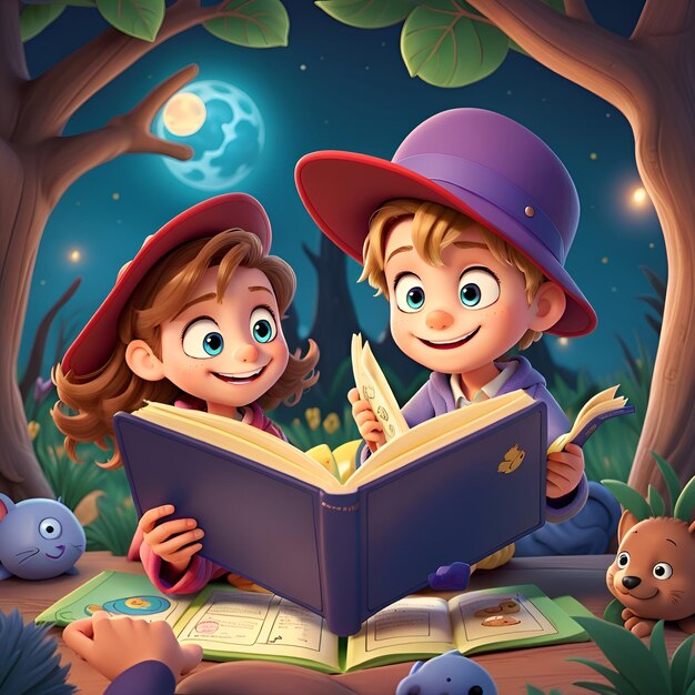 Kids Happily Reading Story Book 3D Animation by AI Generated