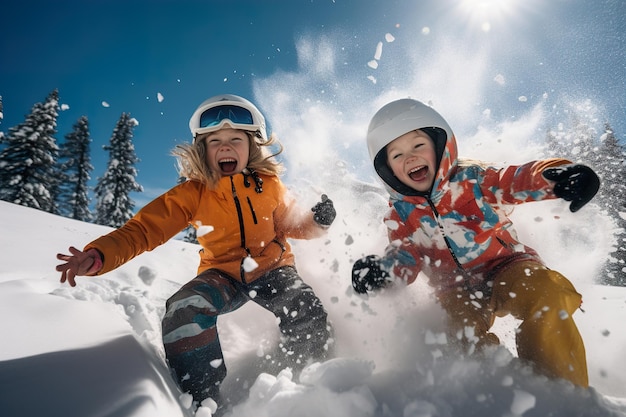 Foto i bambini si divertono con attività sportive invernali sulle montagne innevate