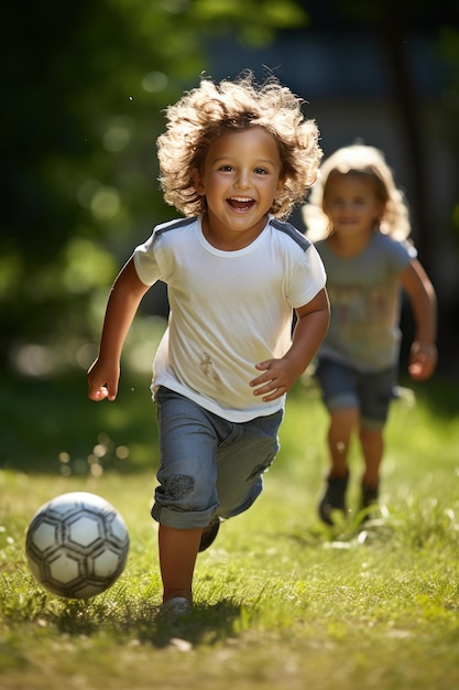 Photo kids having fun playing soccerfootball on the grass