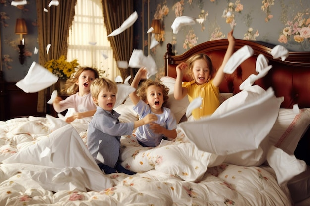 Photo kids having a pillow fight