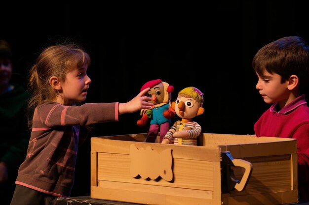 Kids having puppet show with hand puppets stage box