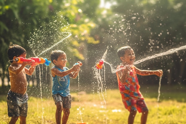 Дети устраивают водный бой с водяными пистолетами и разбрызгивателями Детские дневные игрушки