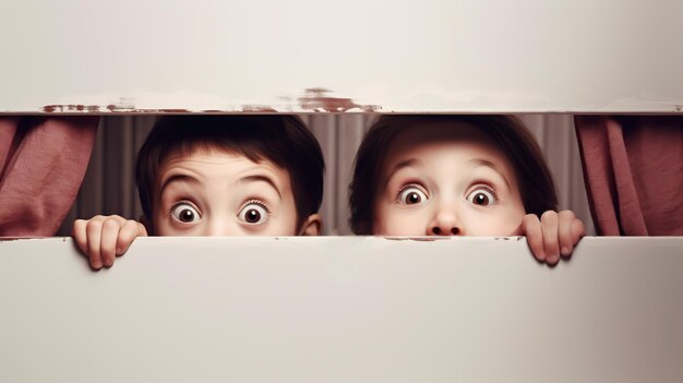 Photo kids hiding behind blank sign