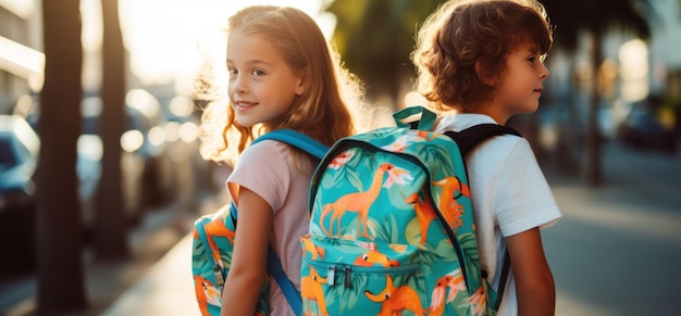 Photo kids holding backpacks standing in front of a street