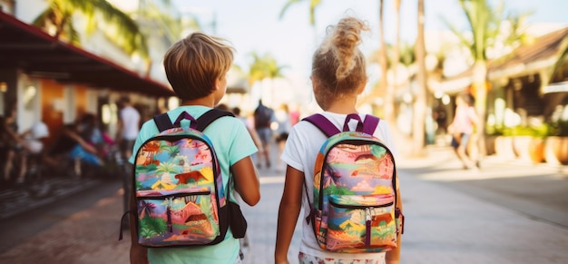 Kids holding backpacks standing in front of a street