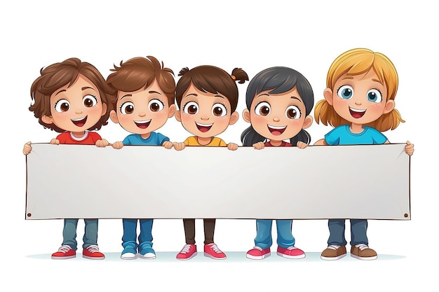 Kids Holding Blank Banner Vector Illustration on White Background