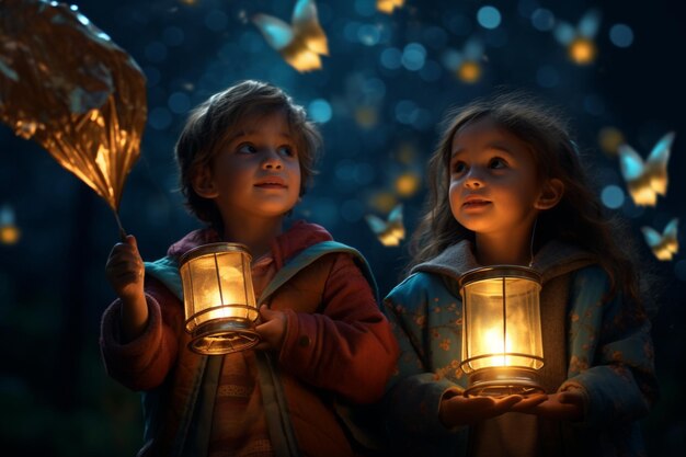 Photo kids holding lanterns during the night