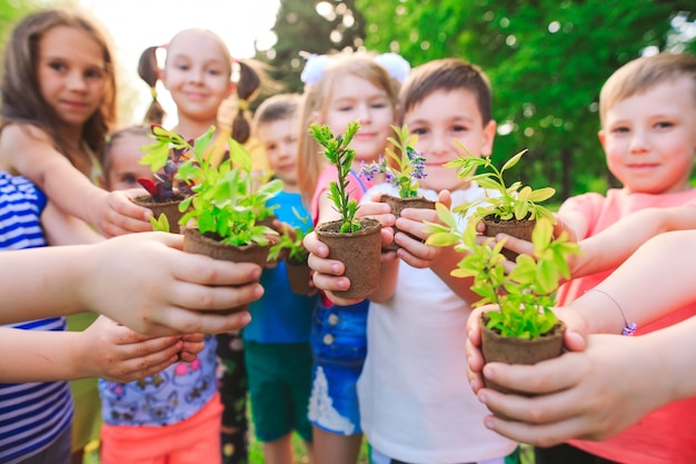 植木鉢に植物を保持している子供