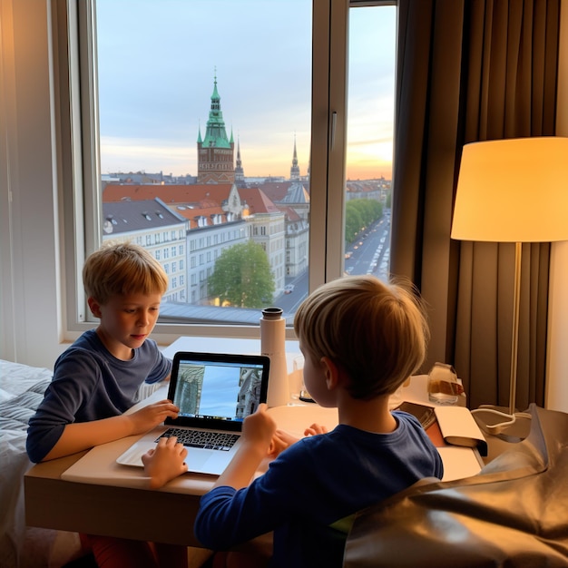 컴퓨터와 태블릿 앞에 호텔 방에 있는 아이들